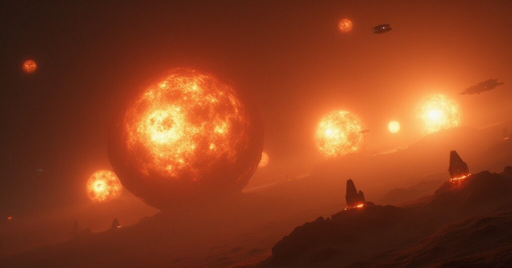 Glowing Transogen generators exploding in orbit as an allied fleet attacks Gul Dukat's forces
