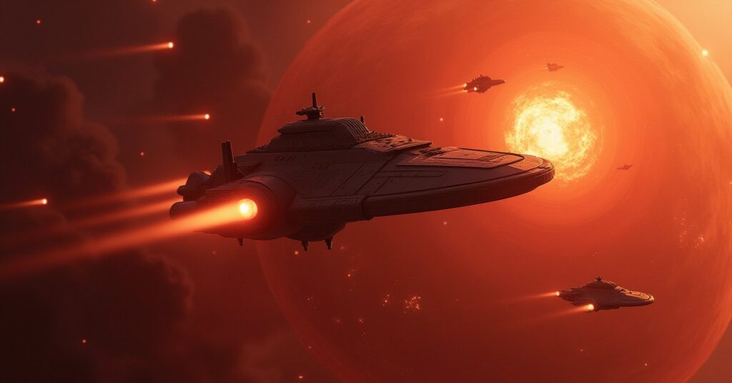 Klingon warships fighting raiders above a red planet in Star Trek Fleet Command