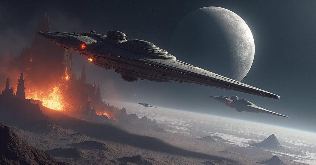 A Starfleet ship luring Klingon warships away from a fortified moon base as an away team beams down