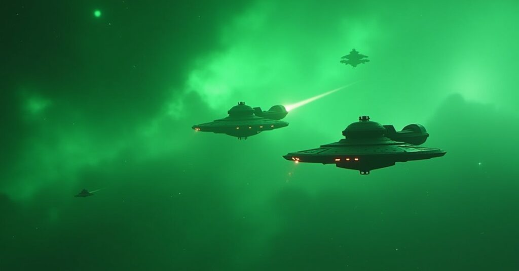 A starship fighting two Suliban ships near a green nebula at the edge of Romulan space in Star Trek Fleet Command