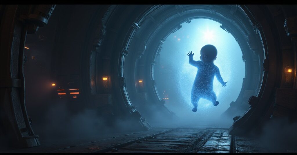 A glowing newborn energy lifeform held in a containment field as scavenger ships gather near a bright star