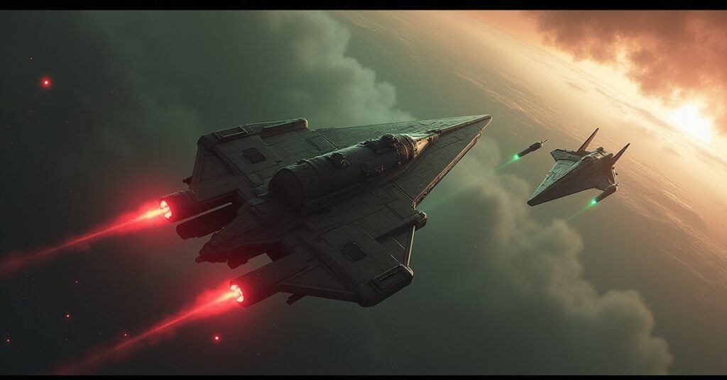 A Klingon battlecruiser facing a lone starship above a stormy planet in Star Trek Fleet Command