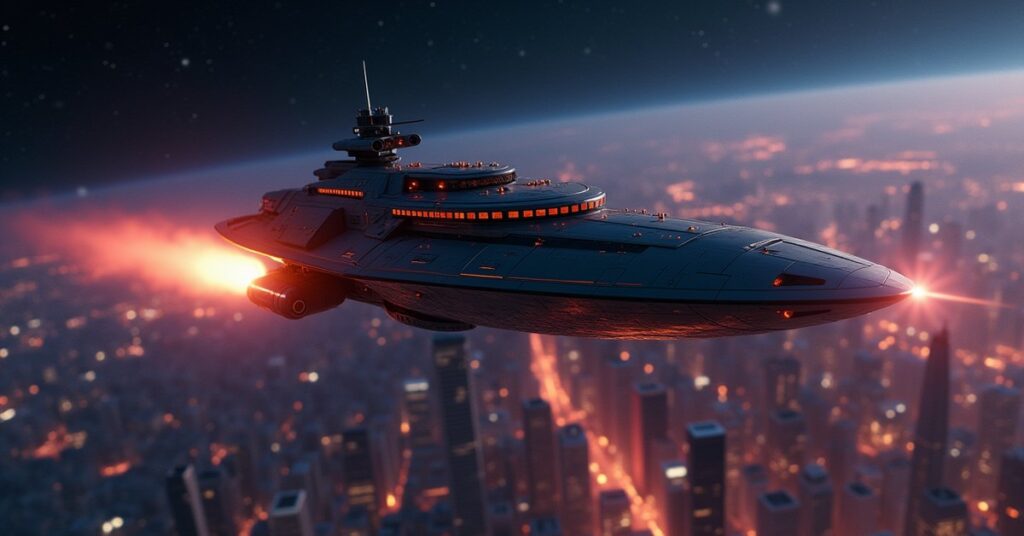 A starship fighting a security cruiser above a city planet at night in Star Trek Fleet Command