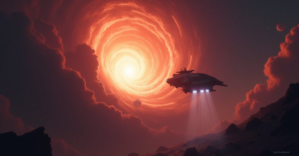 A science vessel studying a swirling singularity and a spatial rift in Star Trek Fleet Command
