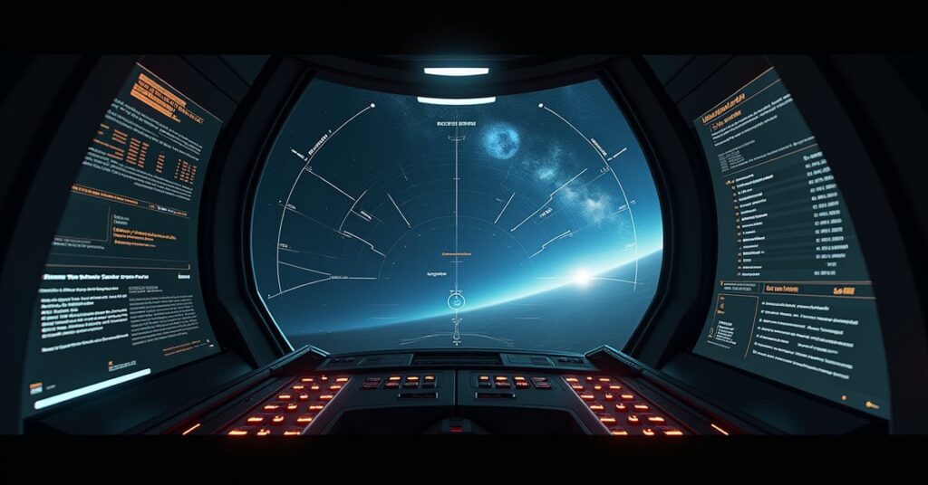 A starship bridge viewscreen showing Frontier star charts during a search in Star Trek Fleet Command