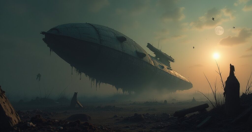 A starship passing through eaten wreckage left by an insectoid swarm in Star Trek Fleet Command