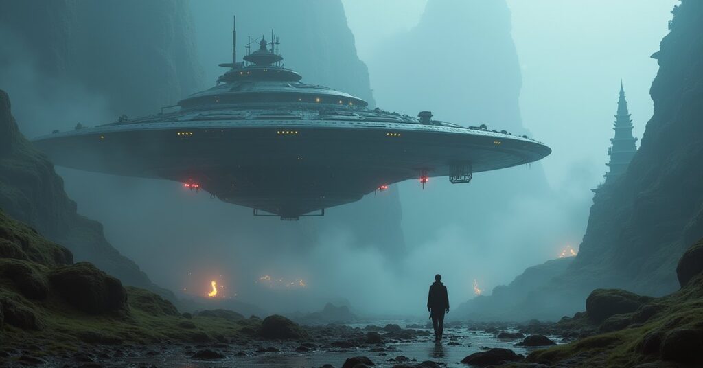 Federation starship confronting an organic alien vessel above a temple world