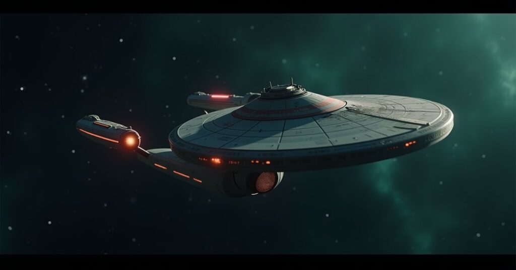 A battle-scarred starship docking at a player station after the Mordus run, Star Trek Fleet Command style