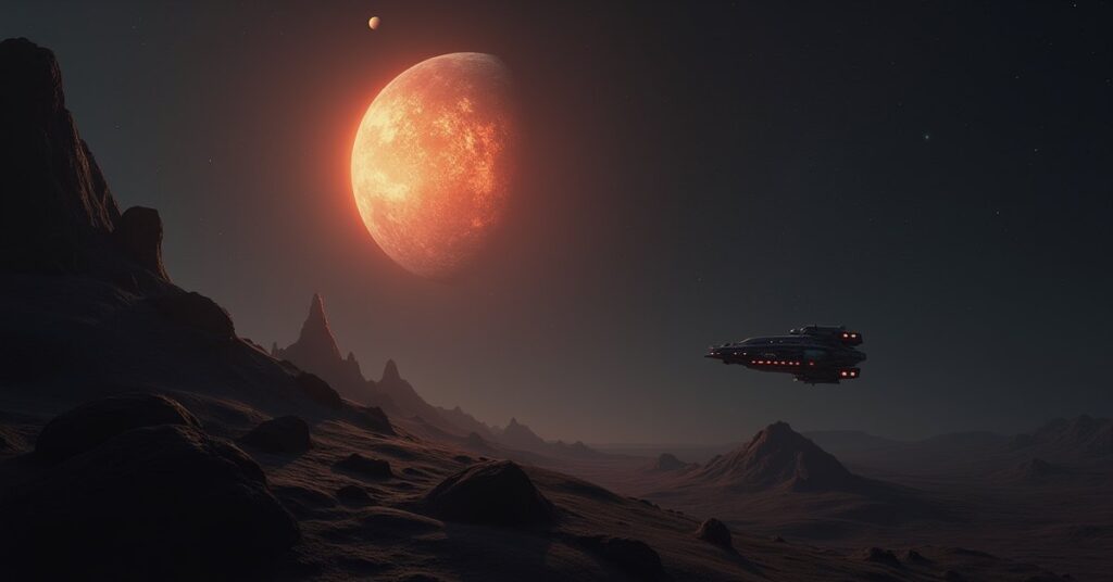 A starship beside a glowing experimental device in orbit while a hostile Gorn vessel approaches in Star Trek Fleet Command