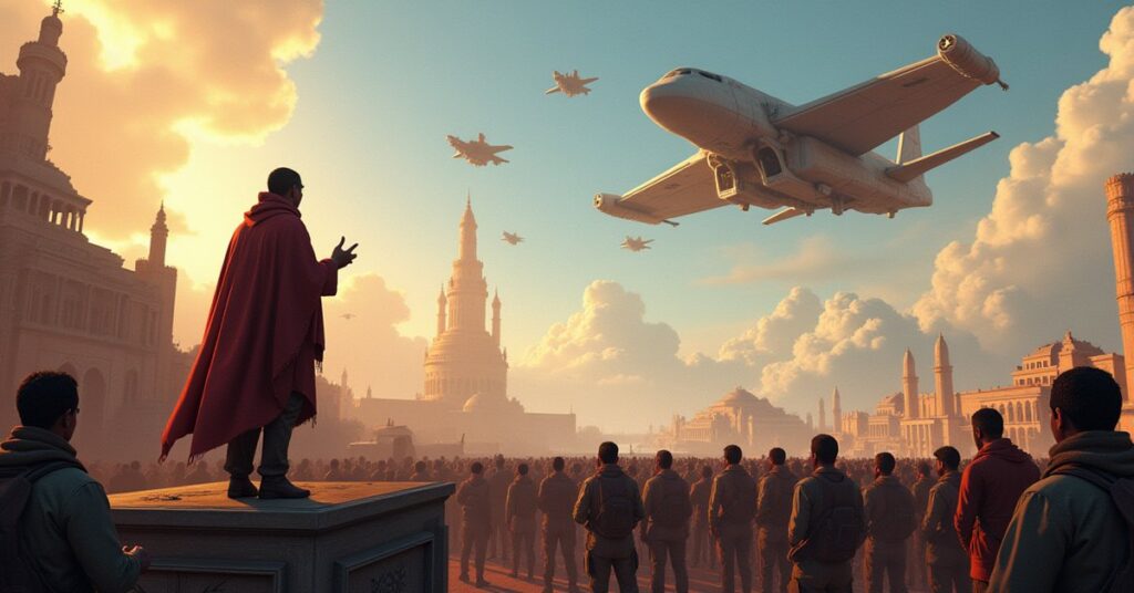 A refugee candidate giving a speech on a colony platform as a starship intercepts attackers overhead