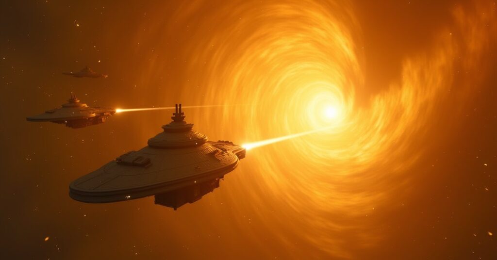Several starships caught in a shimmering energy wave pulling them into a strange golden dimension
