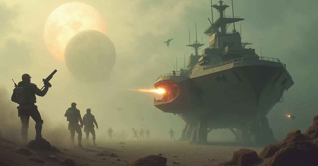 A small starship firing on a slaver vessel near a hazy planet in Star Trek Fleet Command