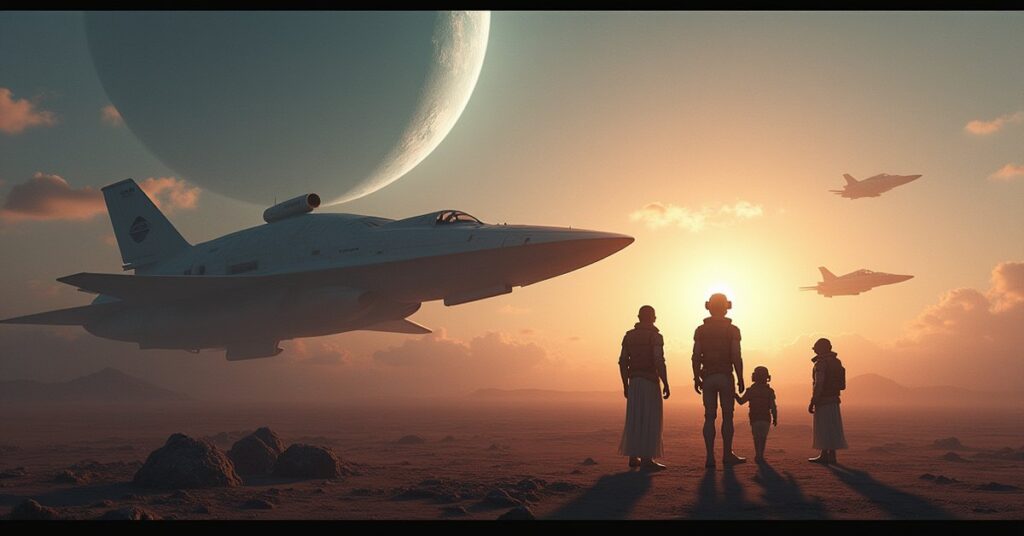 A starship crew meeting a hiding family on a quiet planet in Star Trek Fleet Command