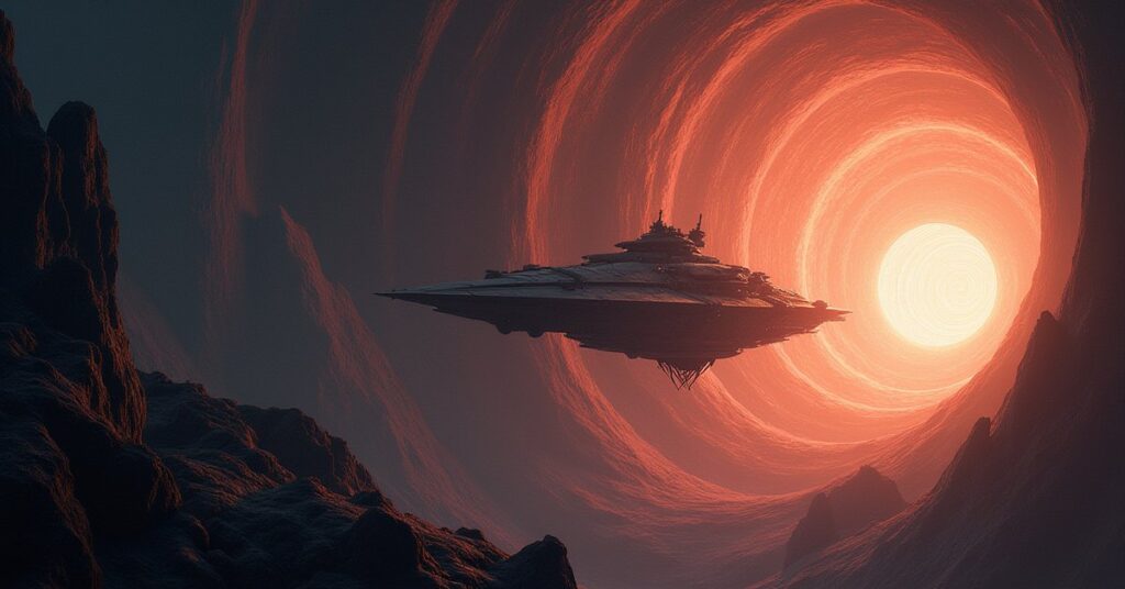 A starship dwarfed by the vast glowing Crucible at a galactic core in Star Trek Fleet Command