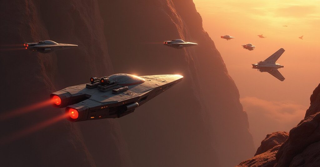 Reman troop ships and an Interceptor face a lone Jem'Hadar ship near a rocky world in Star Trek Fleet Command
