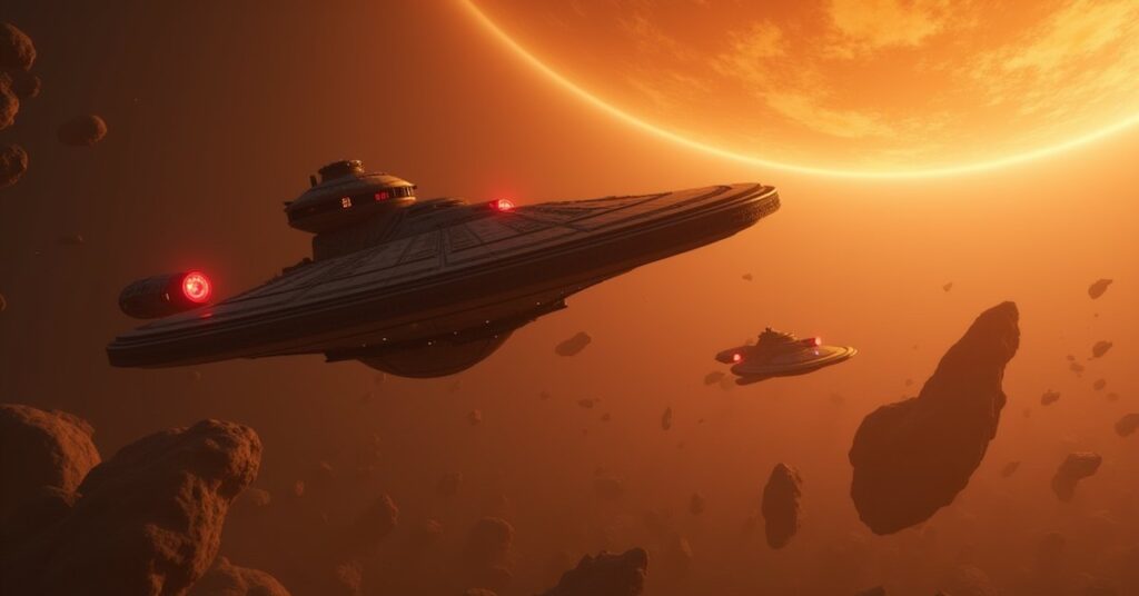 A Federation ship guarding a hazy planet as pirate raiders approach in Star Trek Fleet Command