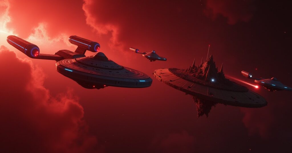 Federation, Romulan and Klingon ships facing a dark zealot warship in a nebula in Star Trek Fleet Command