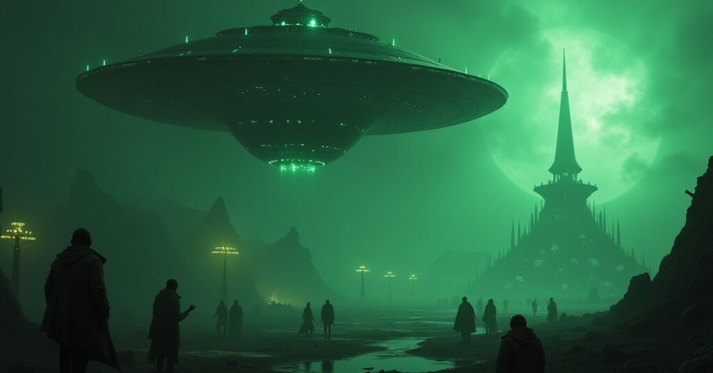A starship above a colony glowing with green alien technology in Star Trek Fleet Command