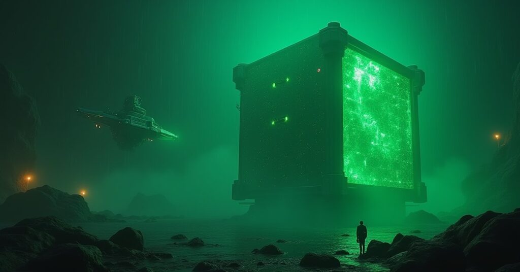 A dormant Borg Cube powering up at an Ex-Borg base while a Romulan warbird lurks nearby