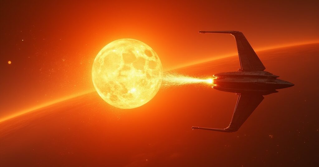 A starship ejecting glowing dilithium into a star beside a planet with tachyon ripples in Star Trek Fleet Command