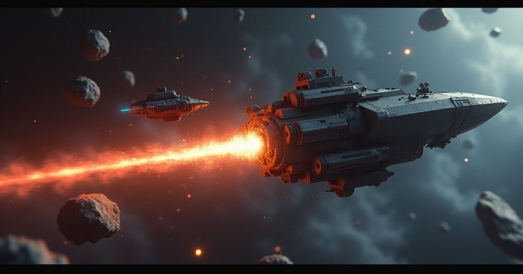 A starship attacking a glowing data device near a Nausicaan battleship in Star Trek Fleet Command