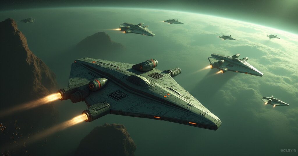Reman warships chase colonial defenders over a deep space colony in Star Trek Fleet Command