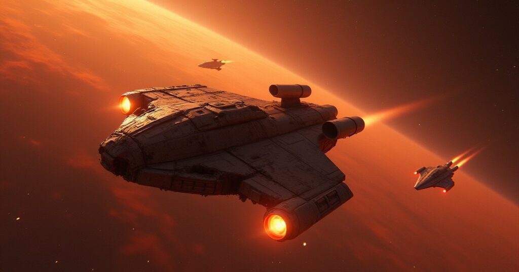 A Klingon mining ship in a dilithium asteroid field as two ships approach in Star Trek Fleet Command