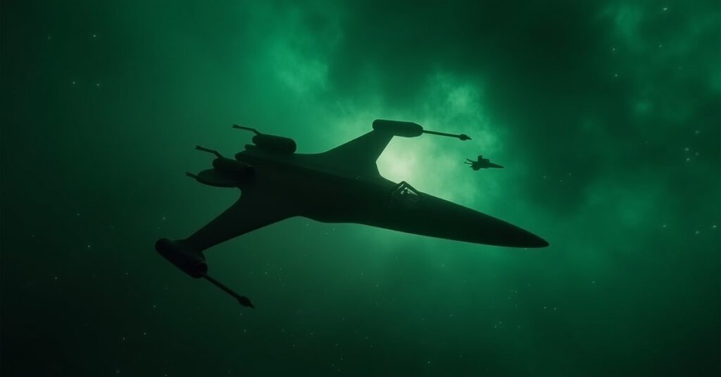 A Romulan warbird emerging from a green nebula to meet a lone starship