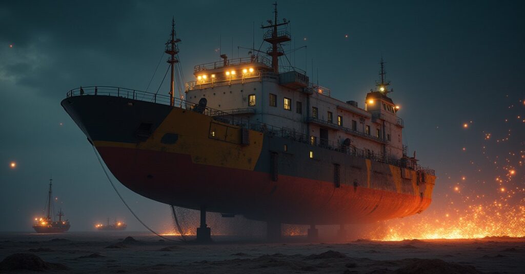 A boxy survey freighter leaving an orbital shipyard in Star Trek Fleet Command