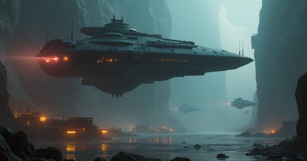 A Klingon warship looming over a cluster of research labs in Star Trek Fleet Command