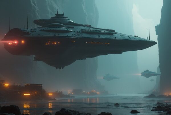 A Klingon warship looming over a cluster of research labs in Star Trek Fleet Command