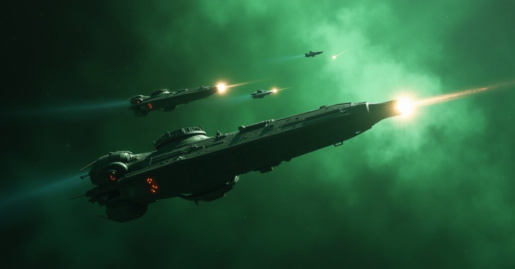 Defending starships fighting off a Klingon attack near a space station in Star Trek Fleet Command
