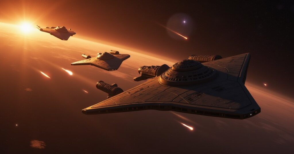Starships protecting a science shuttle from a Klingon assault force in Star Trek Fleet Command