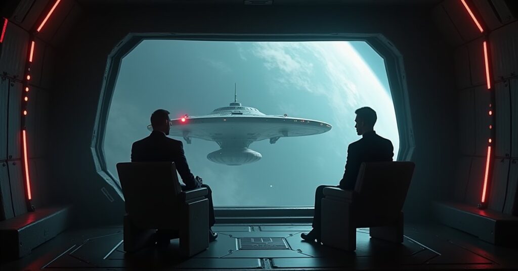 Envoys meeting aboard a station while their starships wait outside during a ceasefire in Star Trek Fleet Command