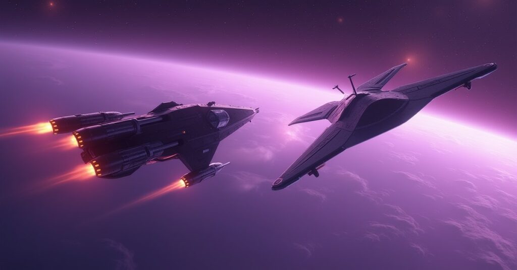 A starship facing a Romulan warbird in a tense meeting above a purple planet in Star Trek Fleet Command