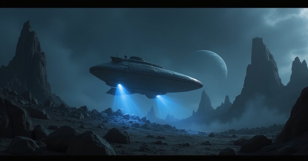A survey starship mining glowing ore from an asteroid field above a colony world in Star Trek Fleet Command