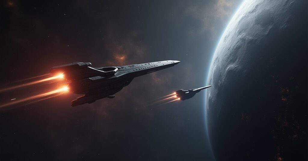 An independent ship chases a fleeing Starfleet vessel near a Romulan colony in Star Trek Fleet Command