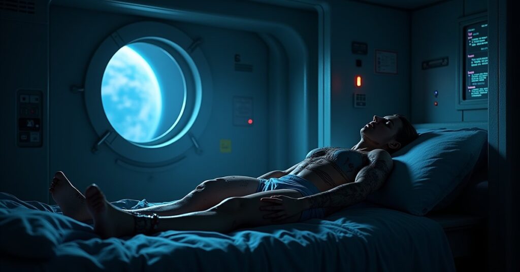 A figure with cybernetic implants resting in a starship medical bay in Star Trek Fleet Command
