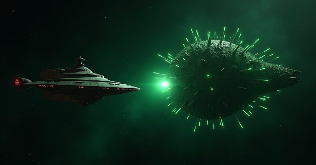 A starship facing a partly assimilated vessel near a Romulan base in Star Trek Fleet Command