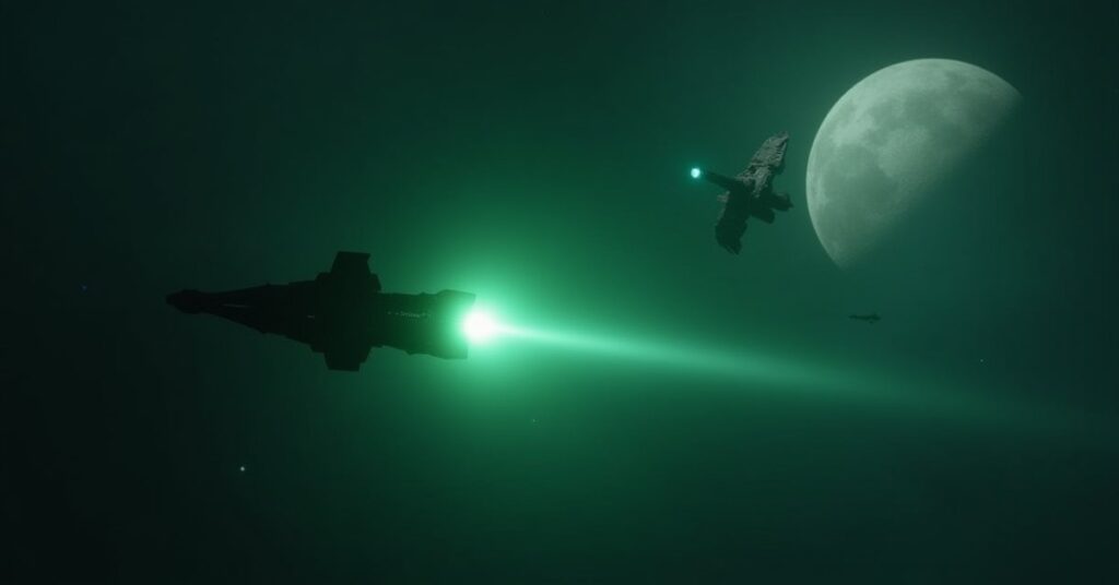 A small starship receiving a Romulan transmission near a moon, a damaged vessel nearby, in Star Trek Fleet Command