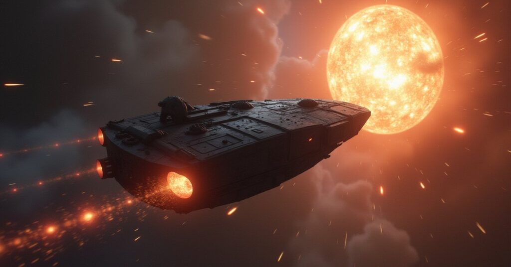 A Starfleet ship pursuing a damaged fugitive vessel through a space trading hub in Star Trek Fleet Command