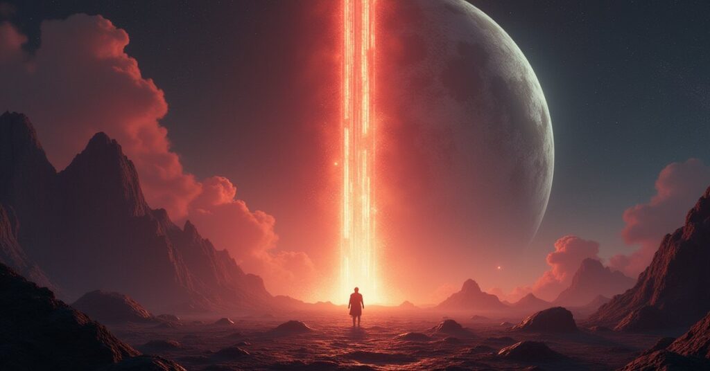 A starship deploying a glowing pillar into orbit above a planet in Star Trek Fleet Command