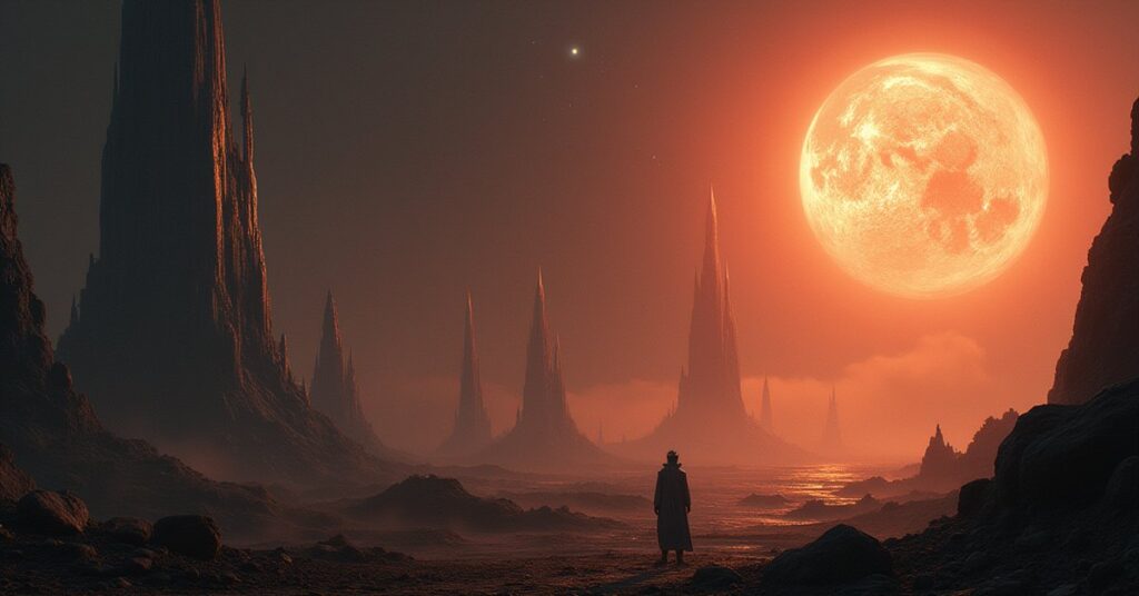 A starship approaches a field of huge ancient alien ships drifting near a pulsing signal