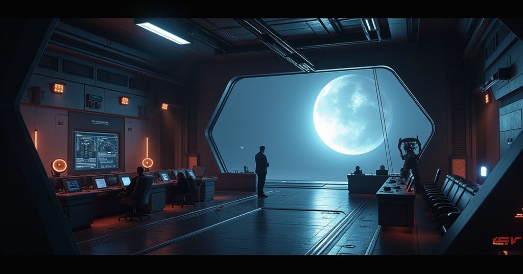 A station command center transmits data streams toward a glowing stabilized anomaly