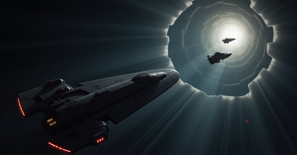 A starship escorting a prisoner transport to a Starfleet Security station in Star Trek Fleet Command