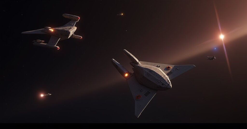 Two Klingon warships closing on a starship near an energy anomaly in Star Trek Fleet Command