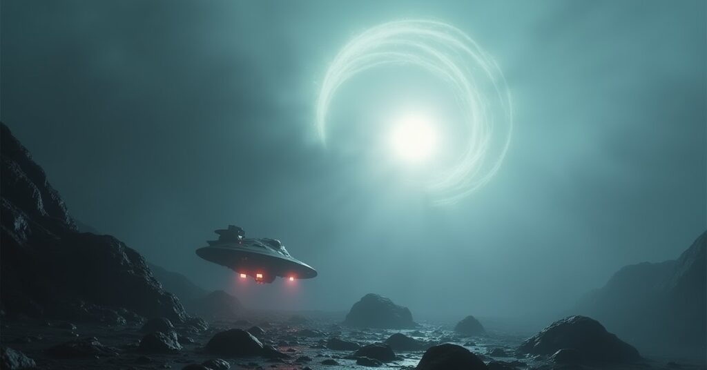 A shuttle searching Murasaki Prime's foggy surface for the stranded Enterprise crew in Star Trek Fleet Command