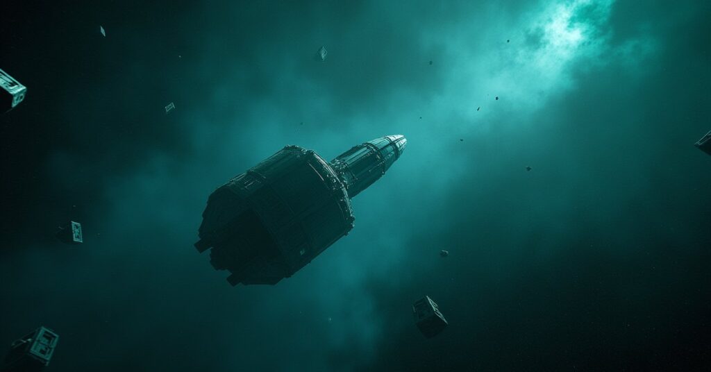 STFC starship warping toward a Borg ship graveyard drifting in deep space