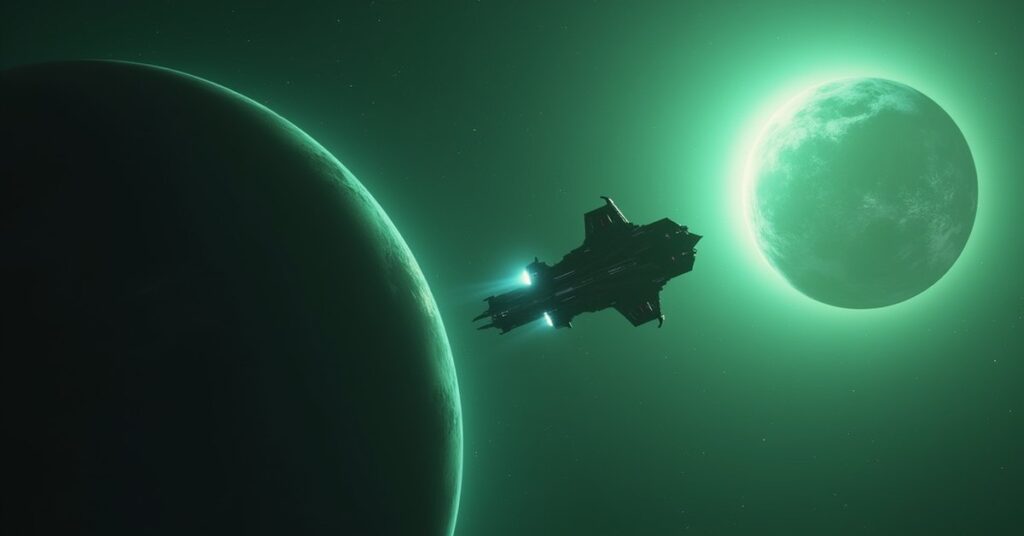 A starship over a green planet confronted by a pirate ship in Star Trek Fleet Command