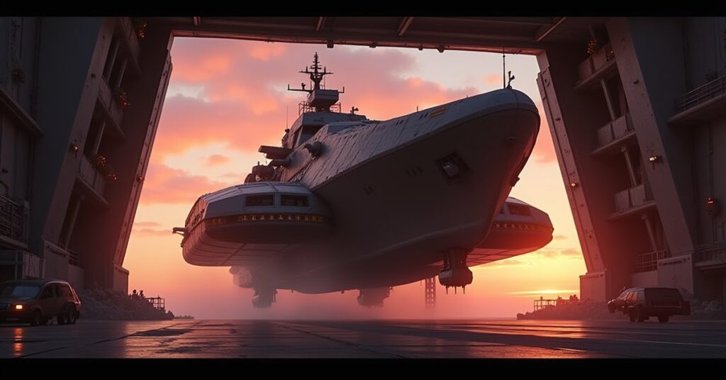 The Horizon starship leaving a drydock at a space station at twilight in Star Trek Fleet Command